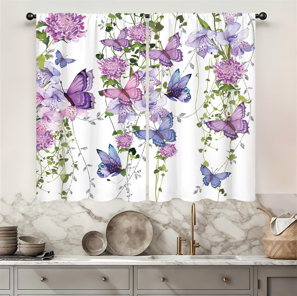 Yellow Sunflower Kitchen Curtains 42W X 63L Inch 2 Panels Rod Pocket Country Rustic Floral Flower Butterfly Farmhouse Over Sink Small Short Cafe Tier Window Treatment Bathroom Decor