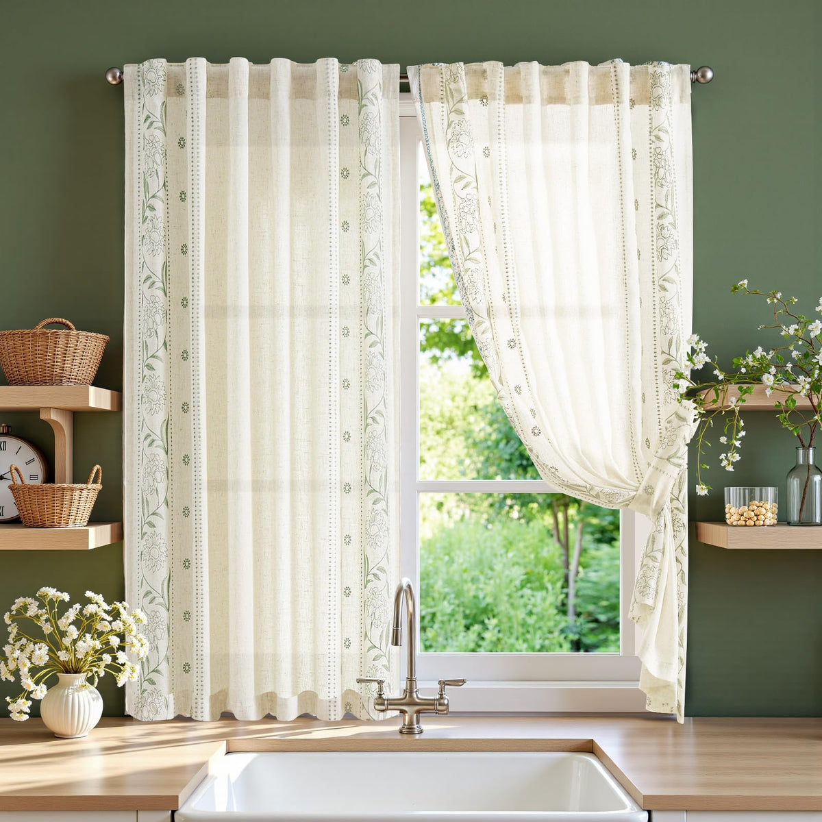 jinchan Green Floral Linen Kitchen Tier Curtains 50x45 Inch 2 Panels
