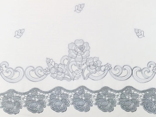 GOHD Lace Rosarium Kitchen Curtains, 3PCS Kitchen Curtains and Valances Set, Elegant White Fabric with Rose Embroidery and Lace. (Grey, Swag and 22 inches Tiers Set)