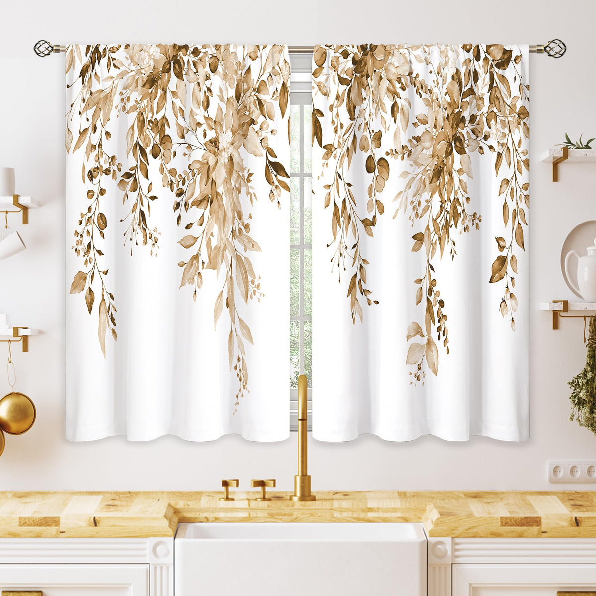 Eucalyptus Botanical Leaves Floral Kitchen Window Curtains Over Sink Boho Farmhouse Flower Leaf Small Window Treatment Sage Green Cafe Short Curtains for Bathroom Tier Drapes 27.5x39 inch