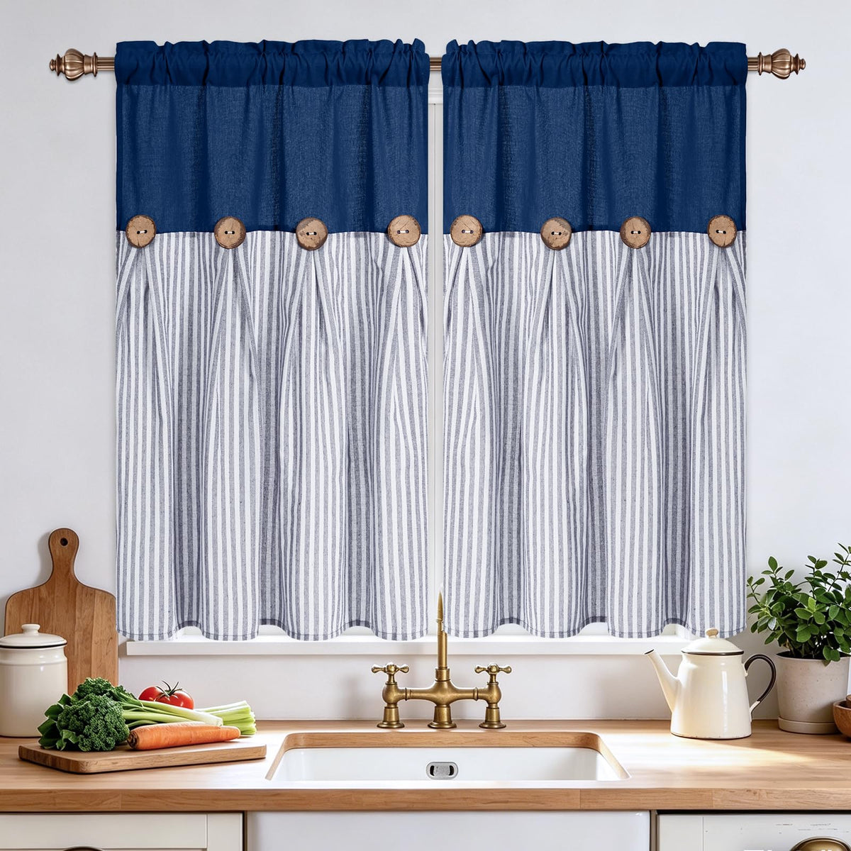 BLEUM CADE Farmhouse Kitchen Curtains 36 Inch, Cotton Linen Cafe Curtains with Rustic Buttons, Boho Small Window Curtains for Bathroom, Green Stripe Half Window Drapes Over Sink, 2 Panels