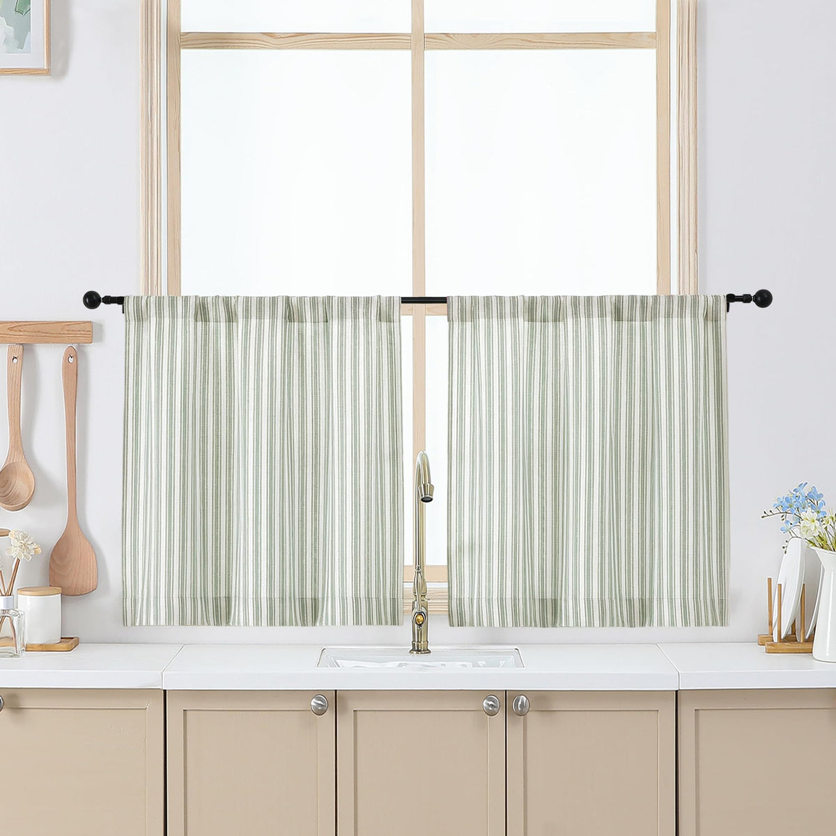Chyhomenyc Striped Short Curtains 36 Inch Length - Light Filtering Faux Linen Living Room Tier Half Window Curtains, Farmhouse Modern Boho Curtain for Bathroom, 30Wx36L, 2 Pieces, Stone Blue
