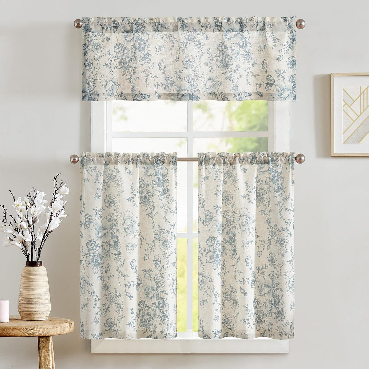 jinchan Green Linen Floral Kitchen Tier Curtains and Valance Set 3 Pieces