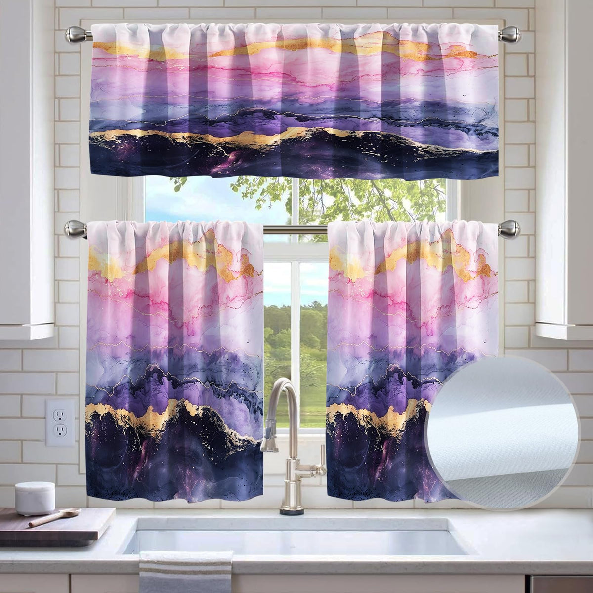 Kitchen Curtains Sets for Windows,52x36 Inch 3 Piece,Green Marble