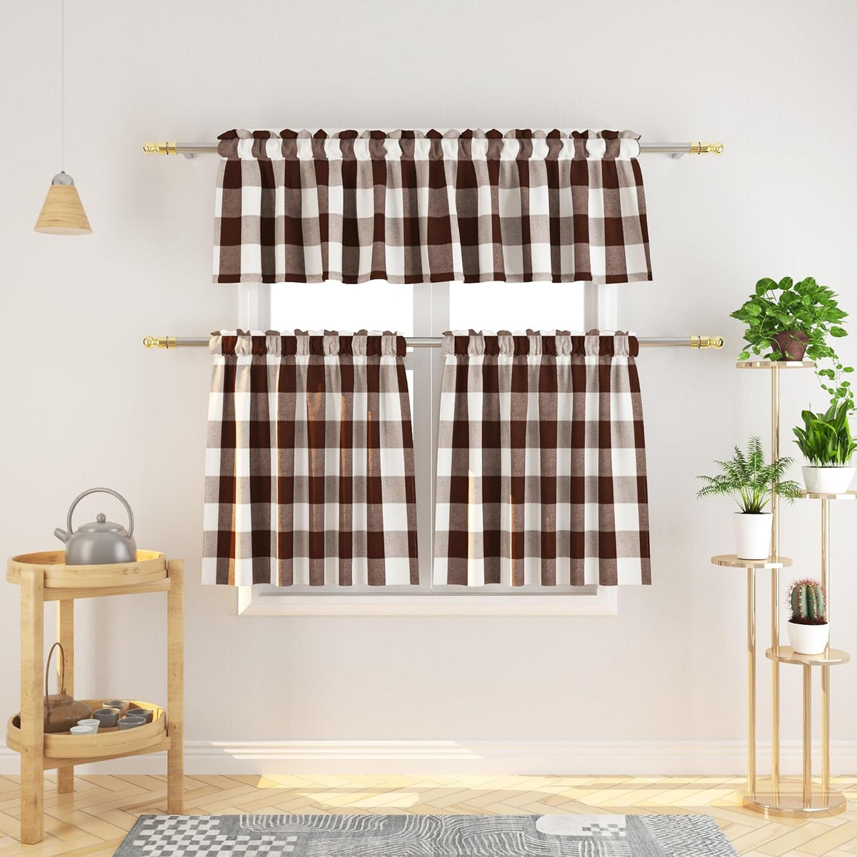 3 Pieces Tier Curtains and Valance Set Buffalo Check Kitchen Tiers Plaid Gingham Rod Pocket Classic Short Small Cafe Curtains Country Farmhouse Cafe Bathroom 54"x18"/27"x24" Brown & White