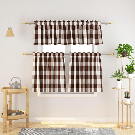 3 Pieces Tier Curtains and Valance Set Buffalo Check Kitchen Tiers Plaid Gingham Rod Pocket Classic Short Small Cafe Curtains Country Farmhouse Cafe Bathroom 54"x18"/27"x24" Brown & White