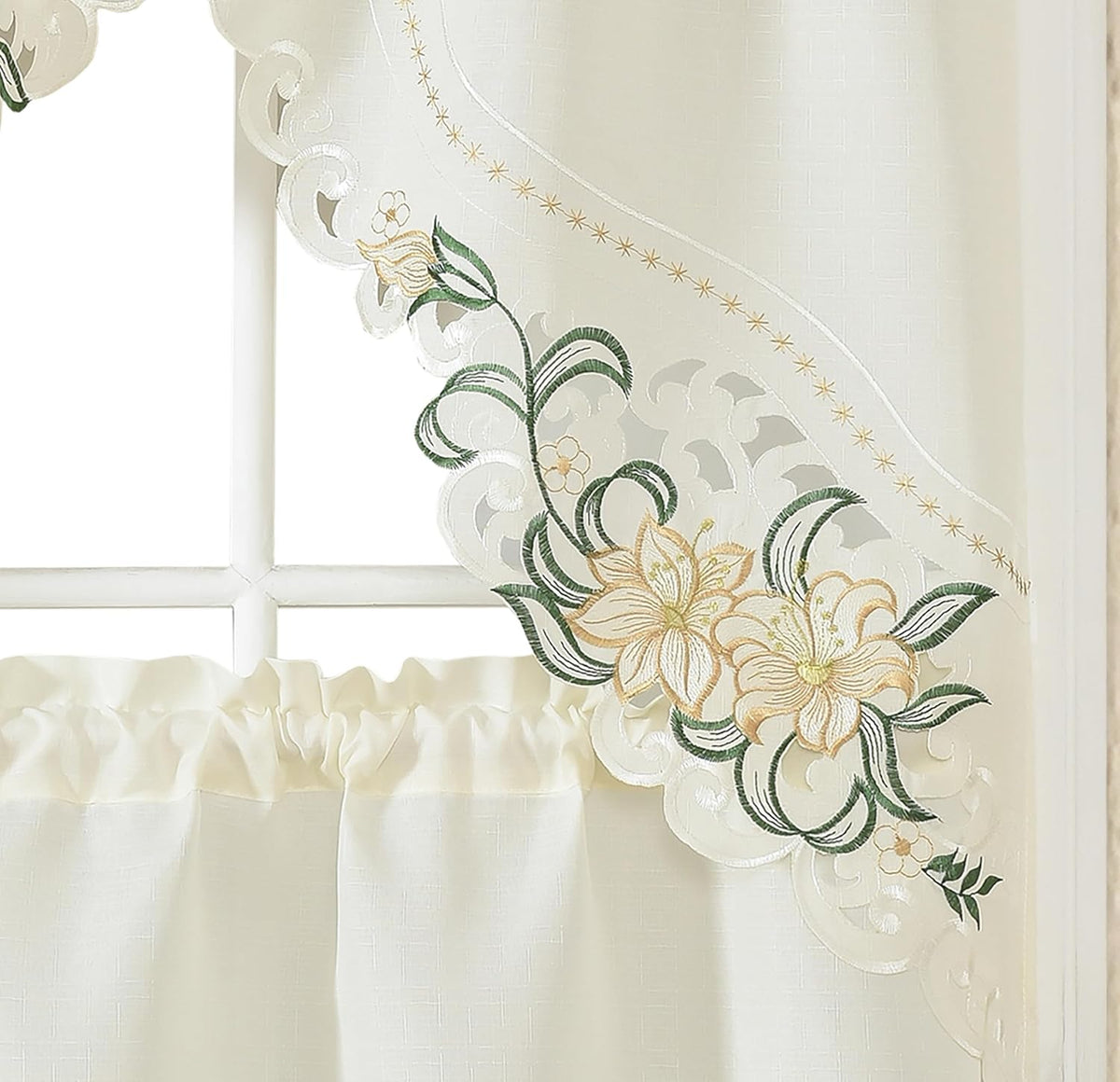 GOHD Lily Fragrance 3pcs Colorful Embroidery Kitchen Cafe Curtain Set.Beige
