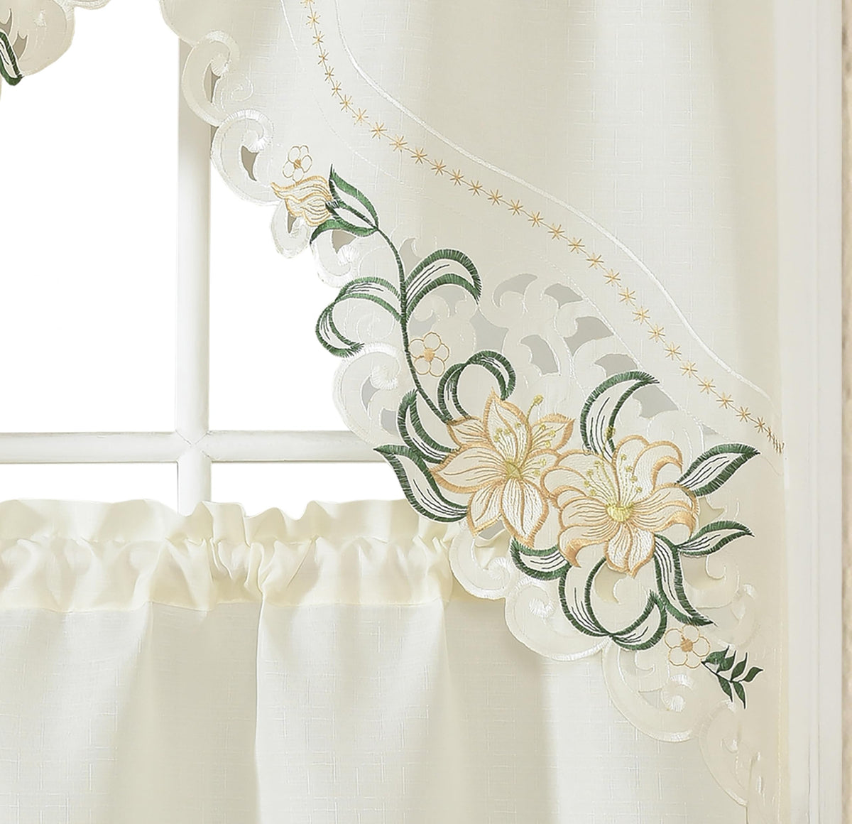 GOHD Lily Fragrance 3pcs Colorful Embroidery Kitchen Cafe Curtain Set.Beige
