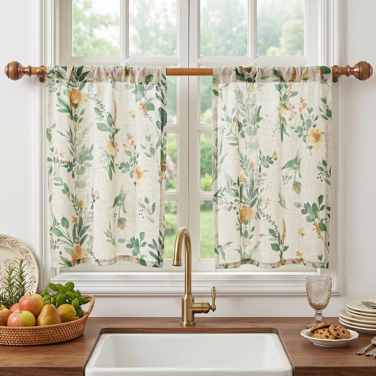 MYSKY HOME Floral Linen Kitchen Tier Curtains 36 Inch Long 2 Panels