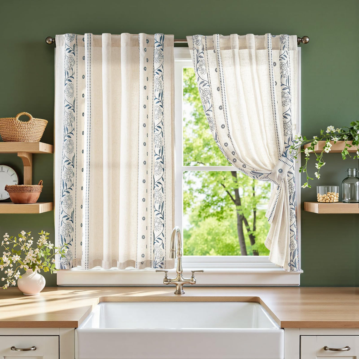 jinchan Beige Floral Linen Kitchen Tier Curtains 36 Inch, 2 Panels