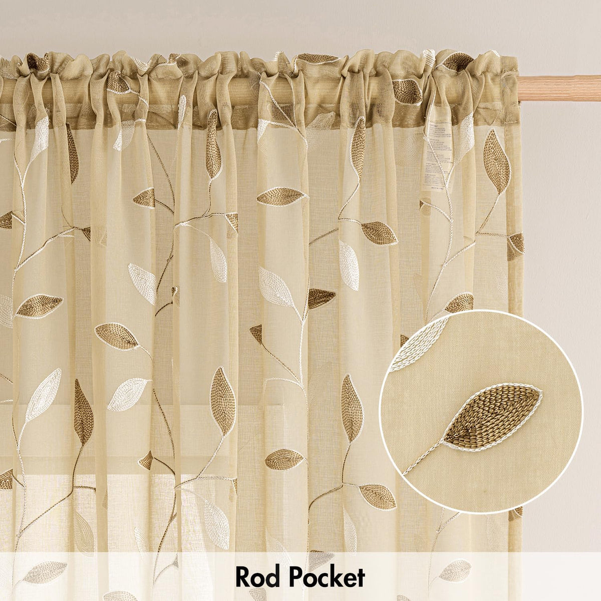 MIULEE Beige Sheer Curtains 2 Panels Embroidered Leaf Patterned, W52 x L63