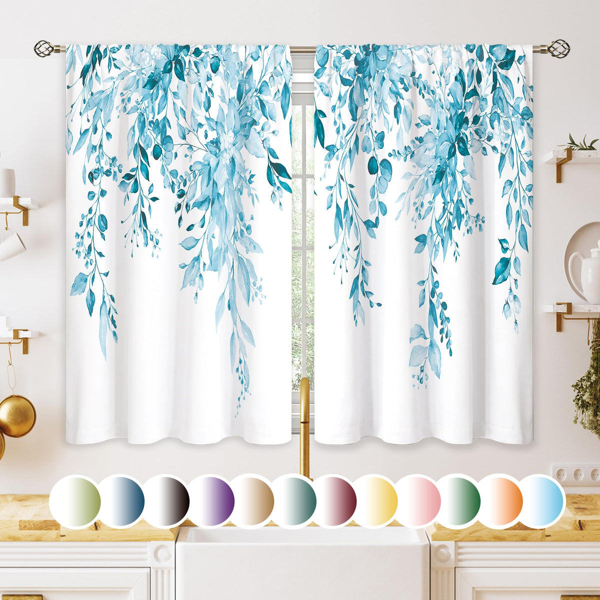 Eucalyptus Botanical Leaves Floral Kitchen Window Curtains Over Sink Boho Farmhouse Flower Leaf Small Window Treatment Sage Green Cafe Short Curtains for Bathroom Tier Drapes 27.5x39 inch