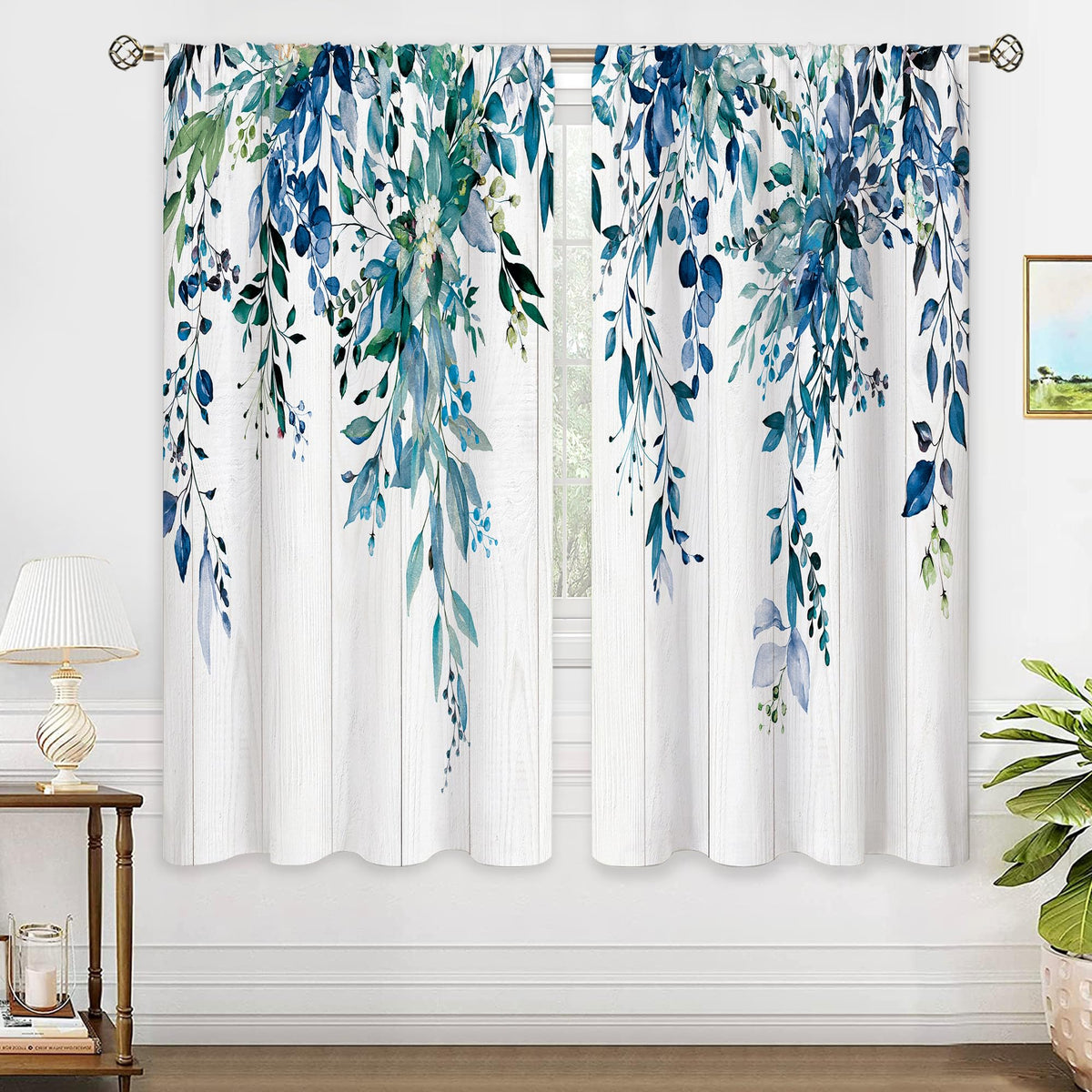 Eucalyptus Botanical Leaves Floral Kitchen Window Curtains Over Sink Boho Farmhouse Flower Leaf Small Window Treatment Sage Green Cafe Short Curtains for Bathroom Tier Drapes 27.5x39 inch