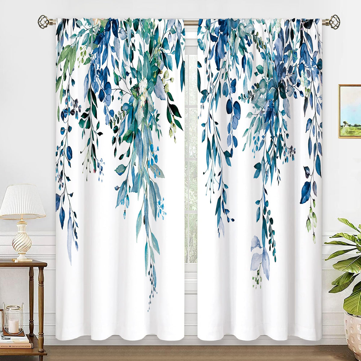 Eucalyptus Botanical Leaves Floral Kitchen Window Curtains Over Sink Boho Farmhouse Flower Leaf Small Window Treatment Sage Green Cafe Short Curtains for Bathroom Tier Drapes 27.5x39 inch