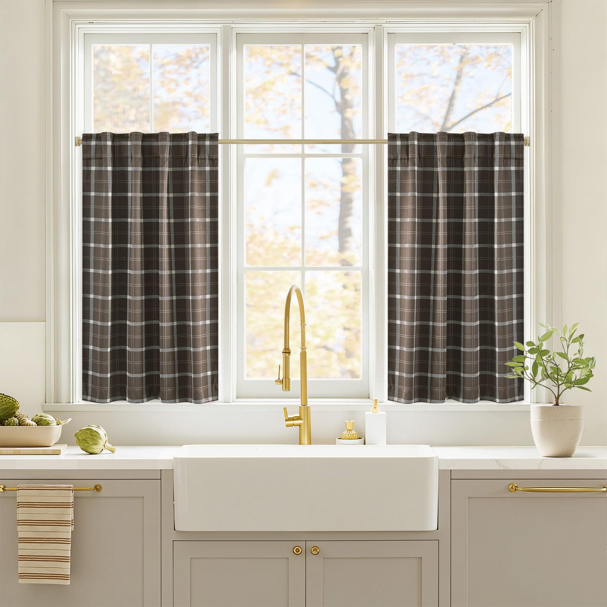 NICETOWN Olive Green Farmhouse Gingham Tiers Kitchen 100% Blackout Curtains