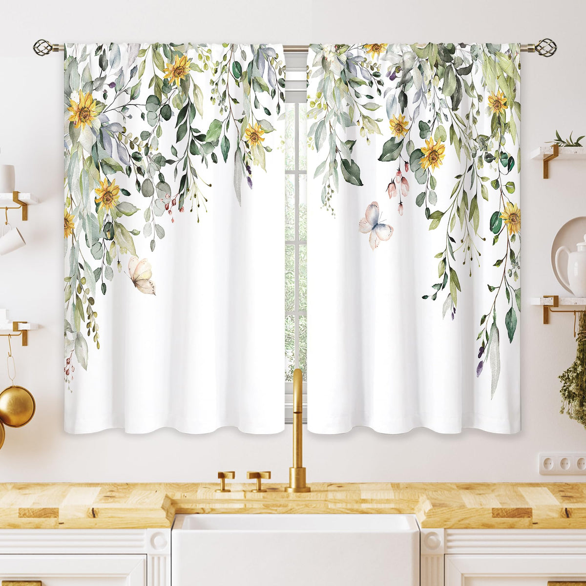 Green Boho Flower Small Kitchen Curtains Flower Plant Window Treatment Botanical Herb Chic Rod Pocket Cafe Short Window Curtains for Bathroom Dining Room Tier Treatment Drapes 27.5x39 inch