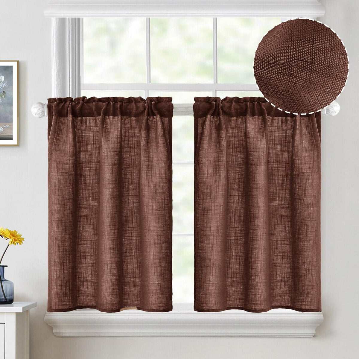 MIULEE Spring Linen Textured Kitchen Window Curtains over Sink 24 Inch Length Semi Sheer Farmhouse Small Curtains for Cafe Bathroom Basement, Short Rod Pocket Tier Curtains 2 Panels W26XL24 Sage Green