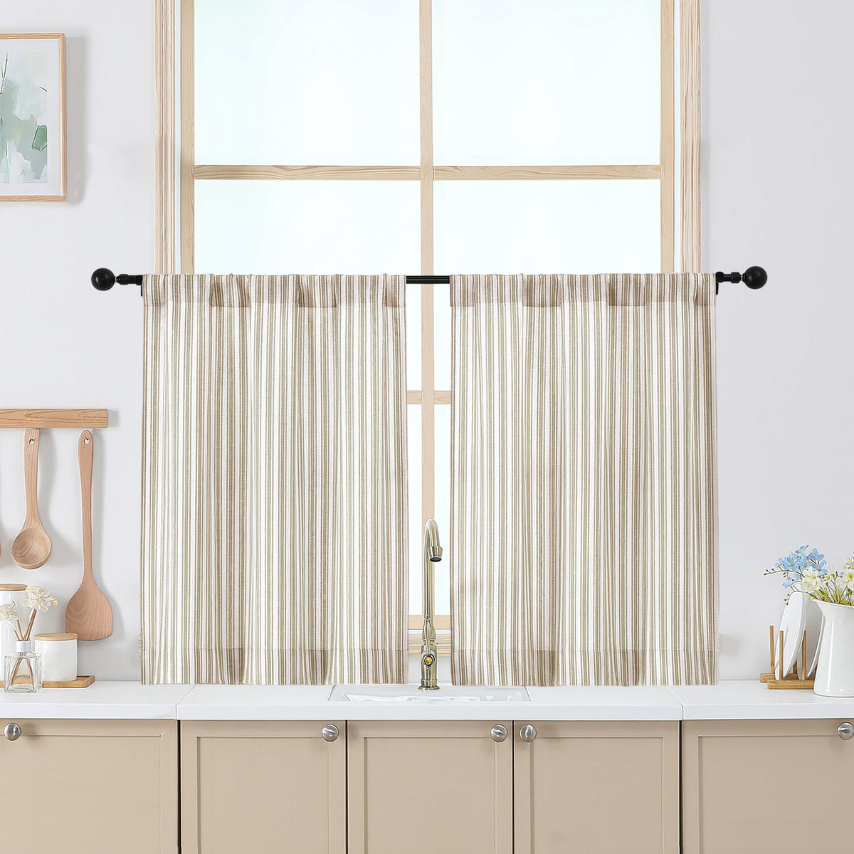 Chyhomenyc Striped Short Curtains 36 Inch Length - Light Filtering Faux Linen Living Room Tier Half Window Curtains, Farmhouse Modern Boho Curtain for Bathroom, 30Wx36L, 2 Pieces, Stone Blue