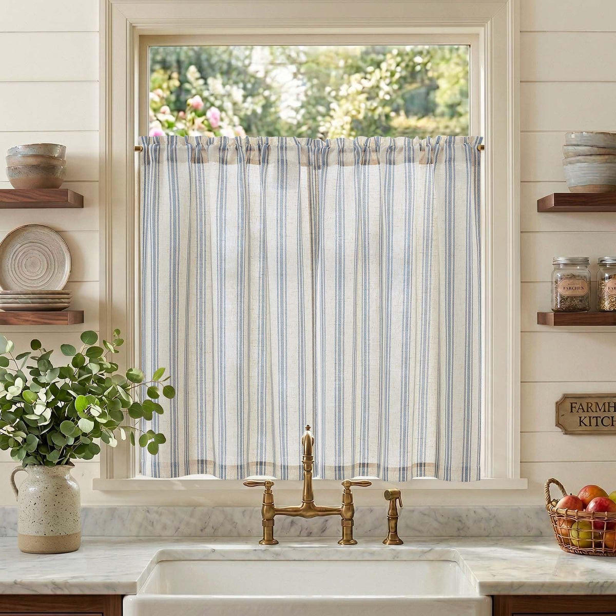 jinchan Linen Striped Tier Curtains for Kitchen Windows Farmhouse