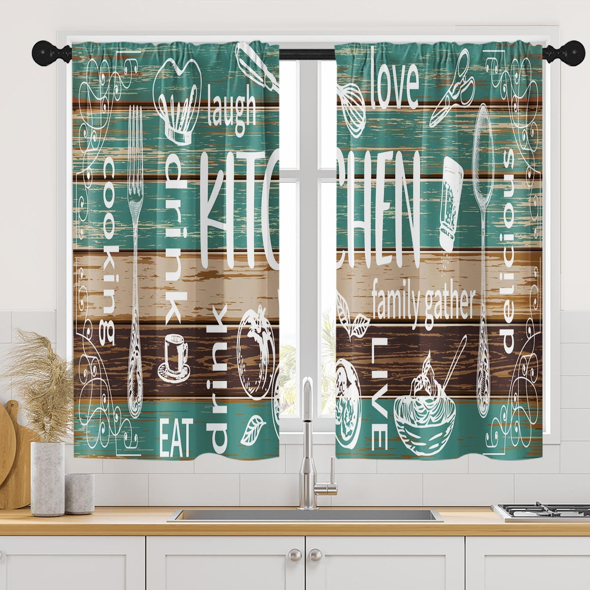 Arttown Kitchen Curtains 63 Inch Length, 2 Pack, Abstract Doodle Modern