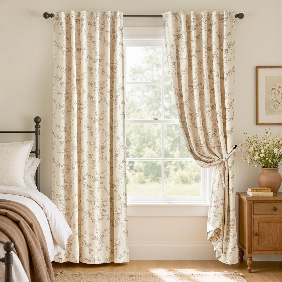 Lazzzy Green Vintage Floral Linen Curtains Farmhouse 26W X 36L 2 Panels