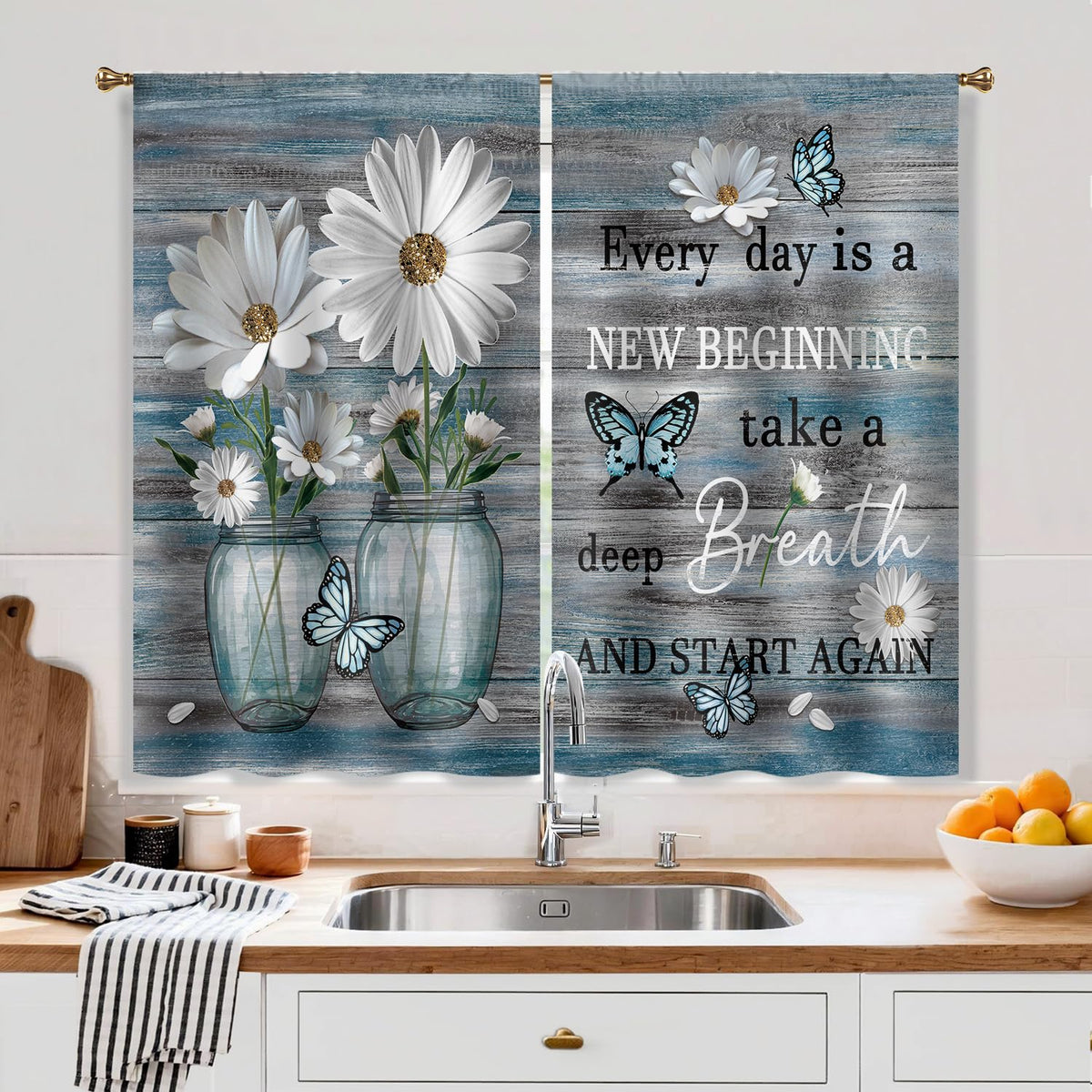 Farmhouse Sunflower Kitchen Curtain Rustic Small Short Cafe Window Curtains Country Wooden Barn Inspirational Bathroom Window Drapes Treatment Tier Curtains 2 Panels (27.5x39 Inch)