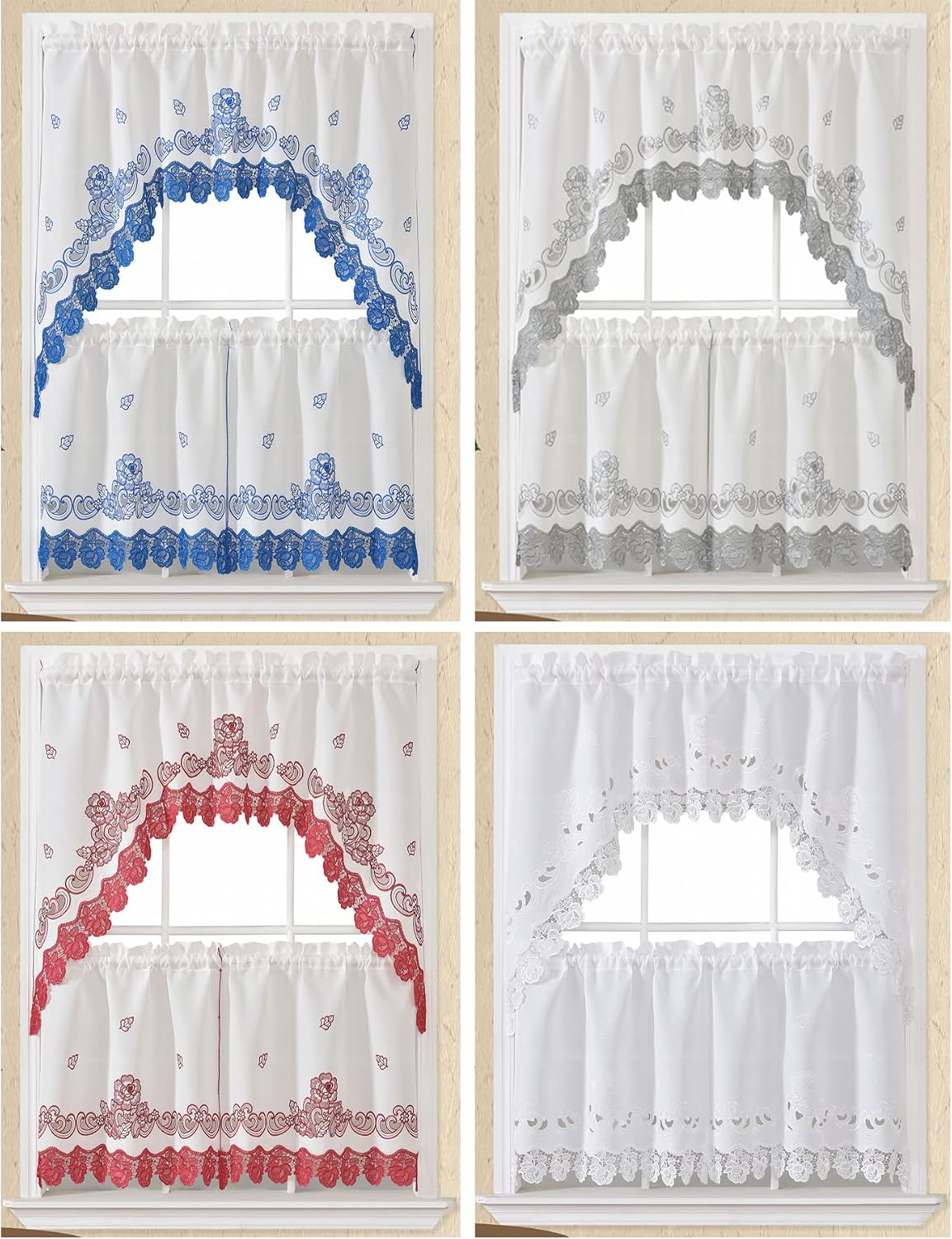 GOHD Lace Rosarium Kitchen Curtains, 3PCS Kitchen Curtains and Valances Set, Elegant White Fabric with Rose Embroidery and Lace. (Grey, Swag and 22 inches Tiers Set)
