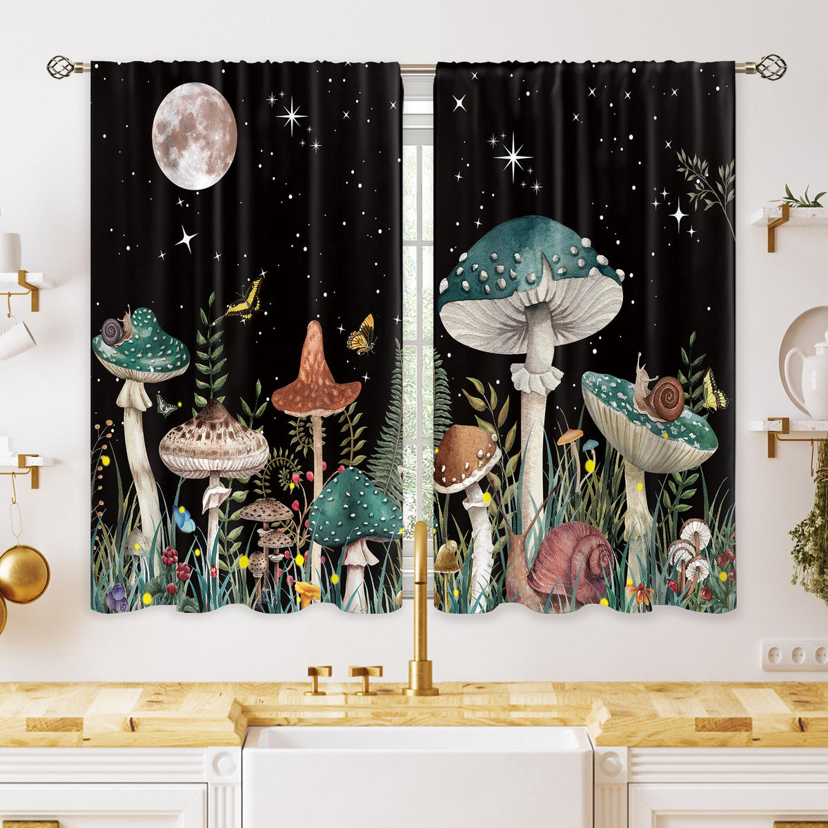 Green Boho Flower Small Kitchen Curtains Flower Plant Window Treatment Botanical Herb Chic Rod Pocket Cafe Short Window Curtains for Bathroom Dining Room Tier Treatment Drapes 27.5x39 inch