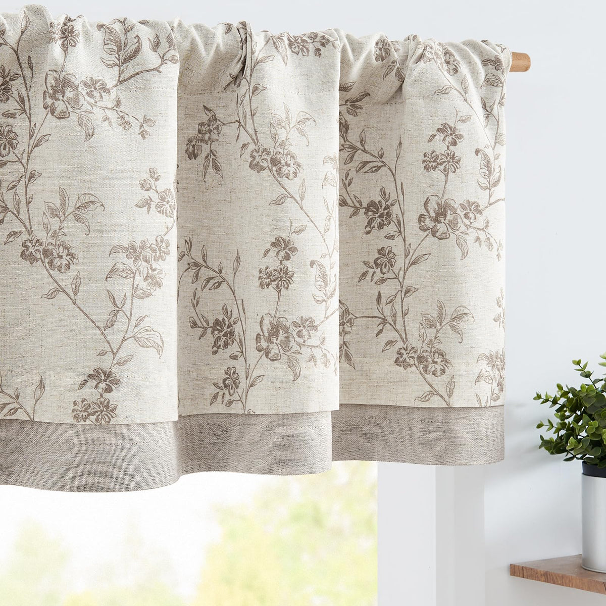 jinchan Amlie Floral Linen Valance Curtain Farmhouse 1 Panel 16 Inch Green