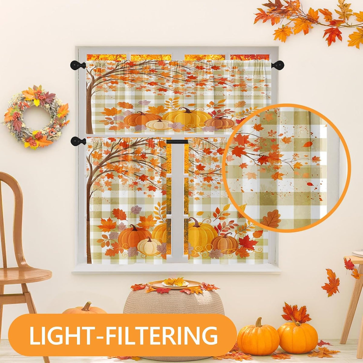 Arttown Fall Kitchen Curtains Sets for Windows, Pumpkin, 52x36 Inch