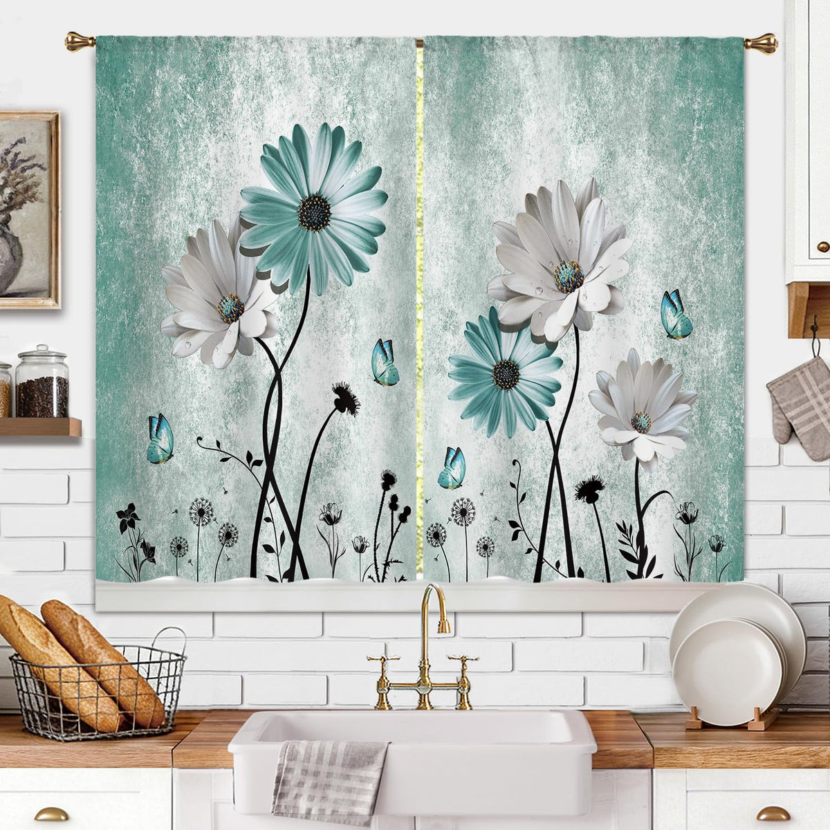 Farmhouse Sunflower Kitchen Curtain Rustic Small Short Cafe Window Curtains Country Wooden Barn Inspirational Bathroom Window Drapes Treatment Tier Curtains 2 Panels (27.5x39 Inch)