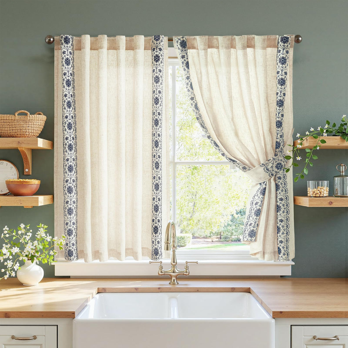 jinchan Beige Floral Linen Kitchen Tier Curtains 36 Inch, 2 Panels