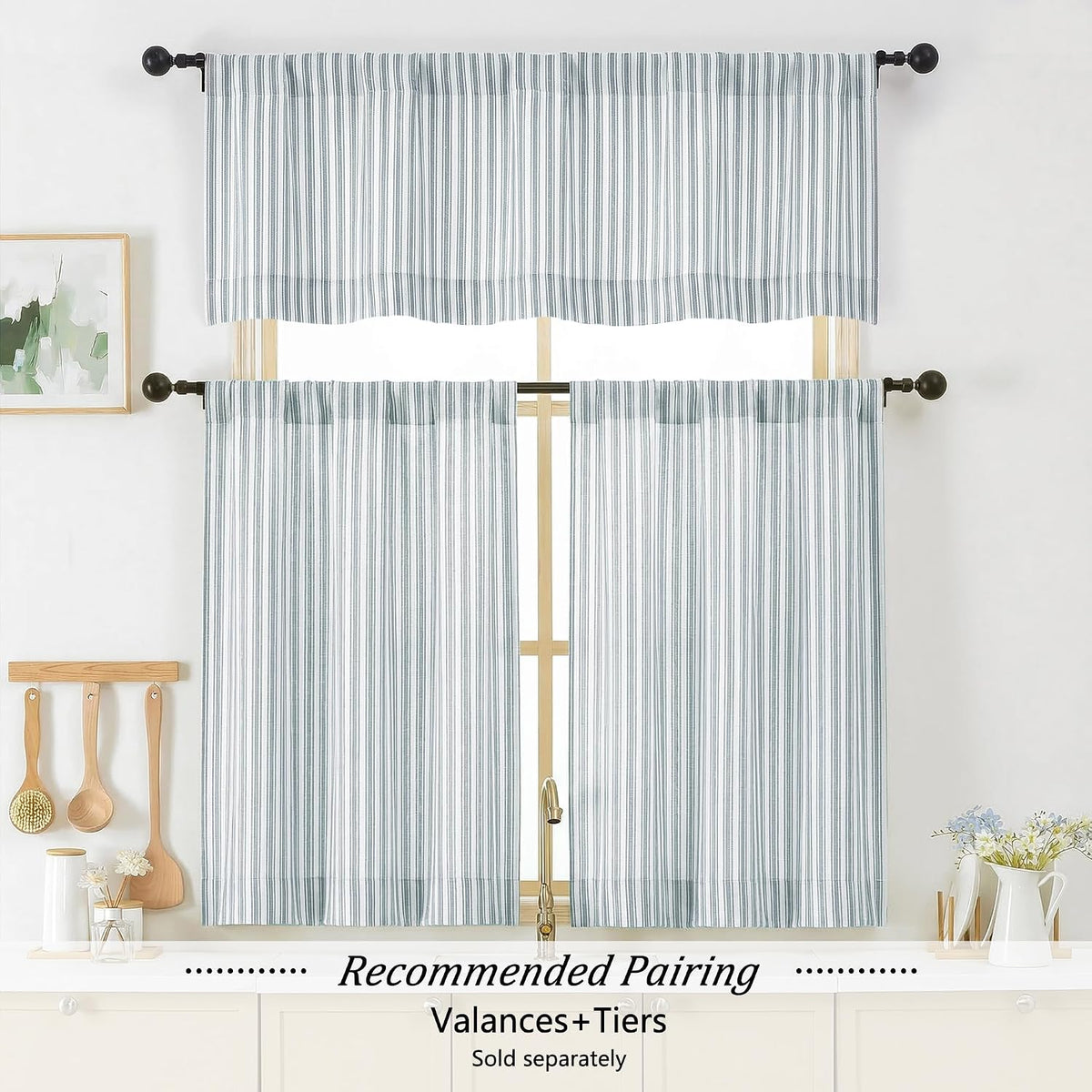 Chyhomenyc Striped Short Curtains 36 Inch Length - Light Filtering Faux Linen Living Room Tier Half Window Curtains, Farmhouse Modern Boho Curtain for Bathroom, 30Wx36L, 2 Pieces, Stone Blue