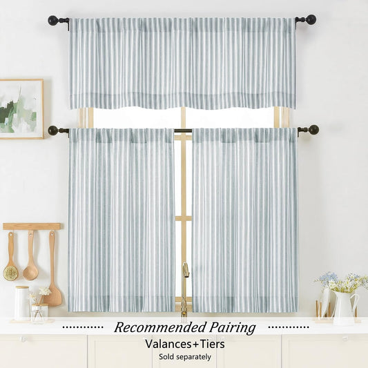 Chyhomenyc Striped Short Curtains 36 Inch Length - Light Filtering Faux Linen Living Room Tier Half Window Curtains, Farmhouse Modern Boho Curtain for Bathroom, 30Wx36L, 2 Pieces, Stone Blue