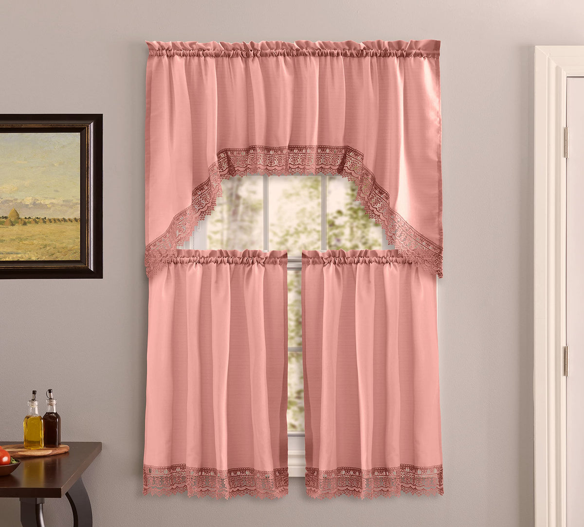 American Linen 3-Piece Kitchen Café Curtains with Embroidered Lace (White)
