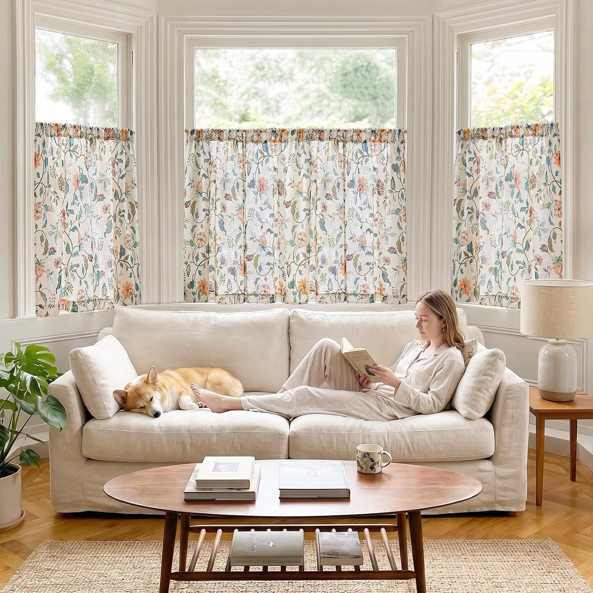 jinchan Hattie Floral Linen Kitchen Tier Curtains Beige 36 in 2 Panels