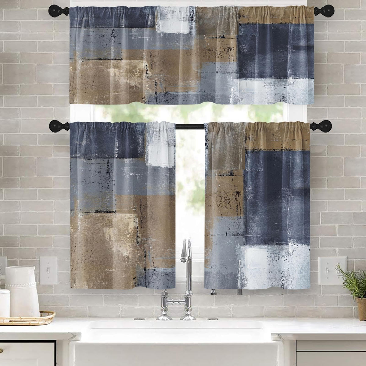 Kitchen Curtains Sets for Windows, 52x36 Inch, 3 Pack Abstract