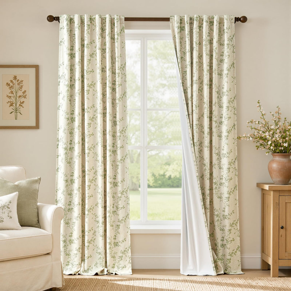 Lazzzy Green Vintage Floral Linen Curtains Farmhouse 26W X 36L 2 Panels