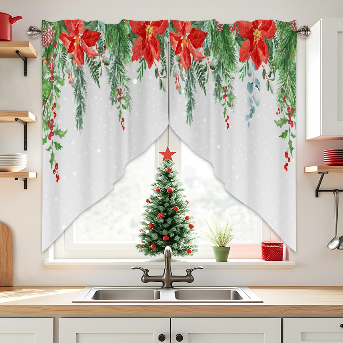 Sage Green Eucalyptus Leaves Swag Curtains 1 Pair, 28x36 in