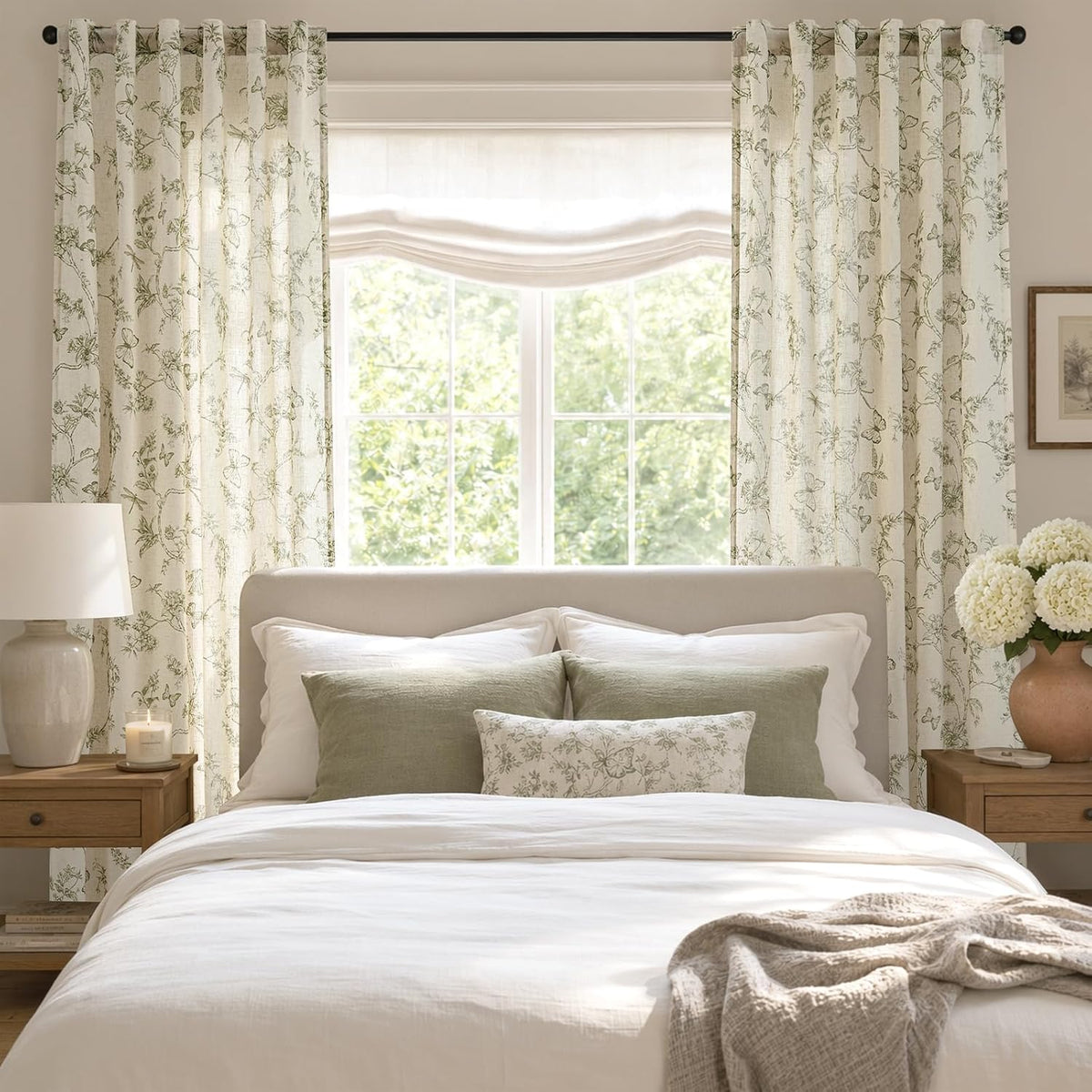Lazzzy Green Floral Linen Curtains Farmhouse Rod Pocket 50W X 84L 2 Panels