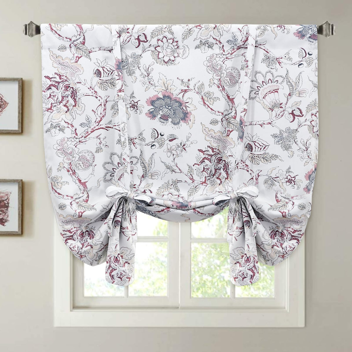 H.VERSAILTEX Thermal Insulated Blackout Curtain Adjustable Kitchen Tie Up Curtains Rod Pocket Panel for Small Window-42 Wide by 63" Long-Vintage Floral Pattern in Sage and Brown