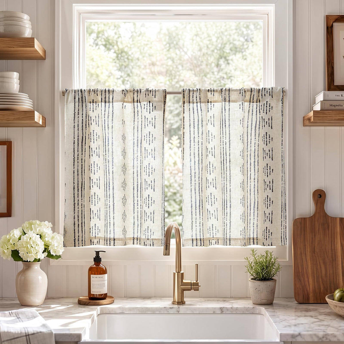 jinchan Linen Striped Tier Curtains for Kitchen Windows Farmhouse