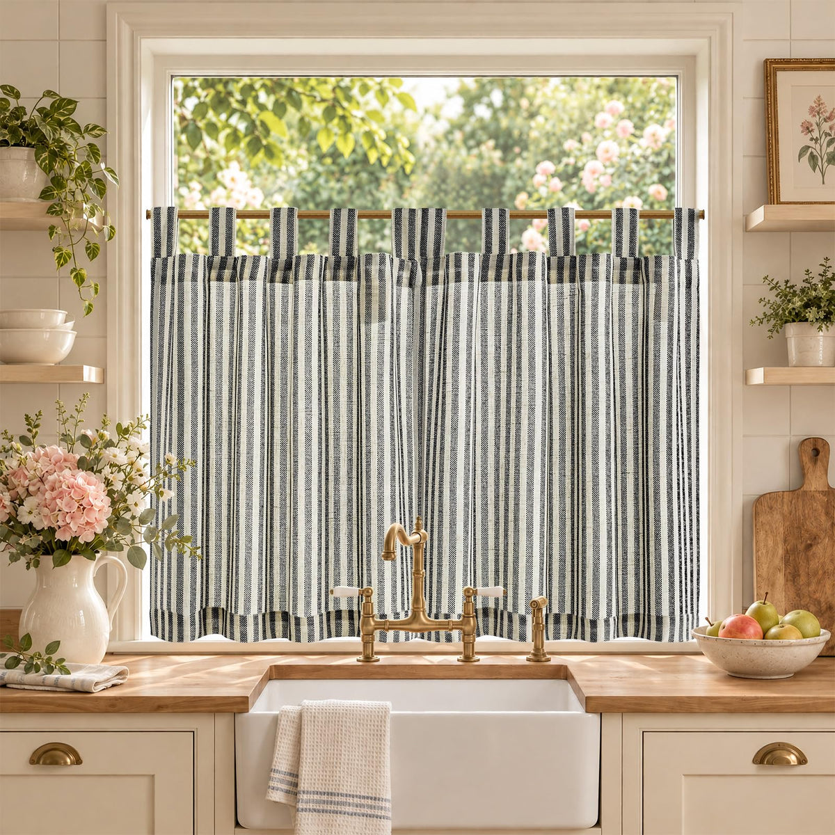 jinchan Striped Linen Kitchen Tier Curtains, 30 Inch, Sage Green, 2 Panels