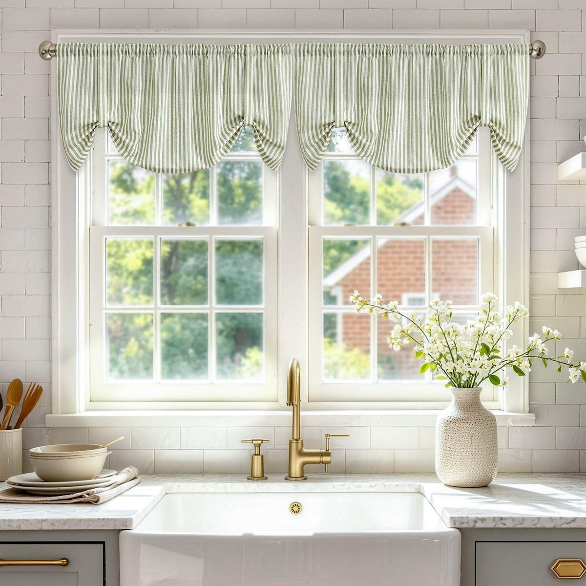 jinchan Linen Boxter Stripe Valances for Window 16 inch,Sage Green,1 Panel