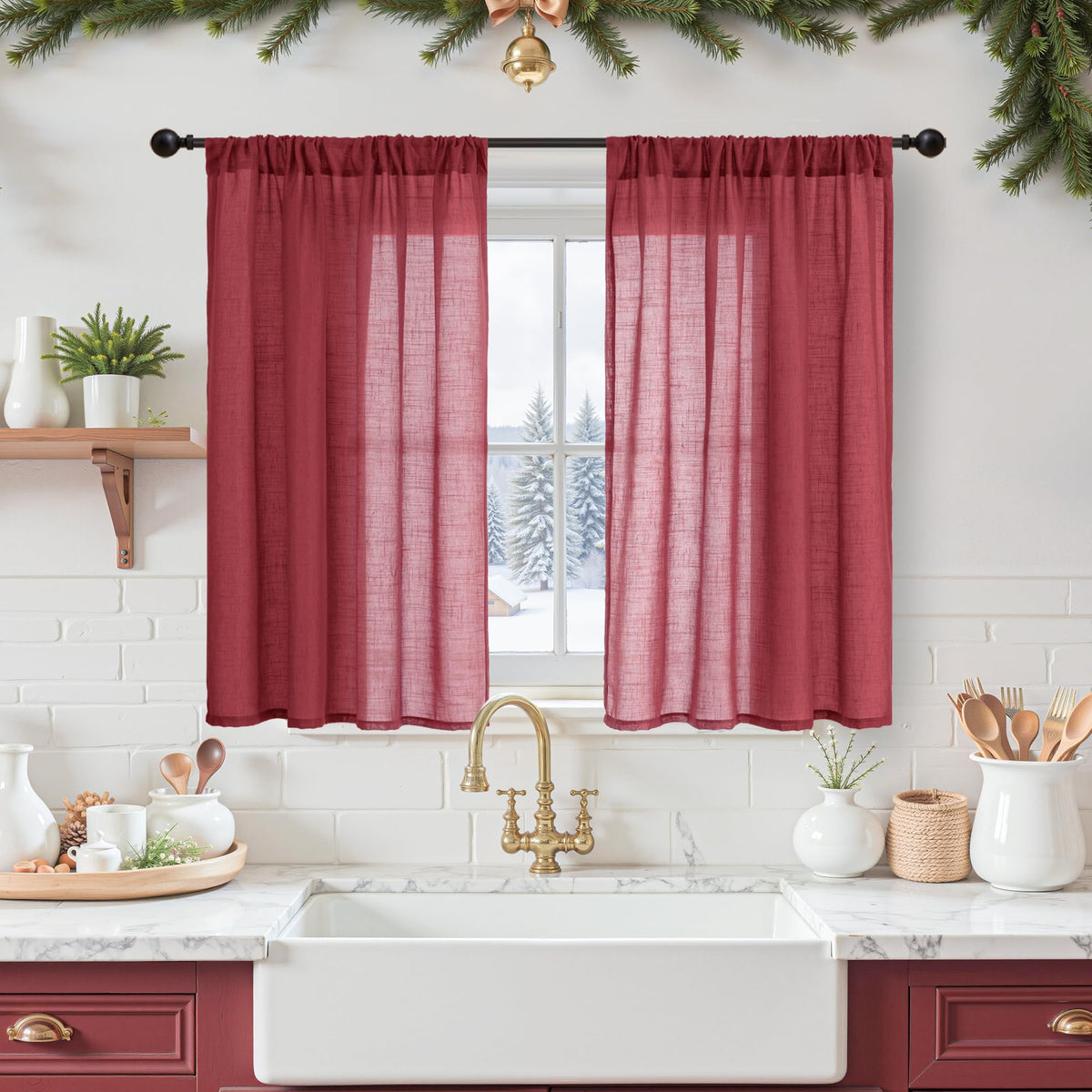 BGment Linen Kitchen Window Curtains Over Sink, 36 Inch Length Cafe Drapes