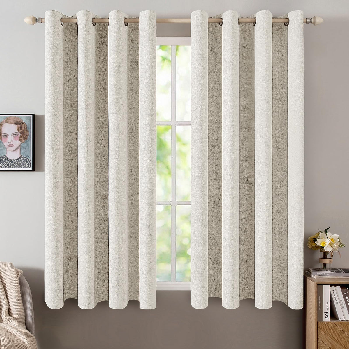 MIULEE 100% Blackout Linen Curtains for Bedroom 52x54 Inches Natural Beige