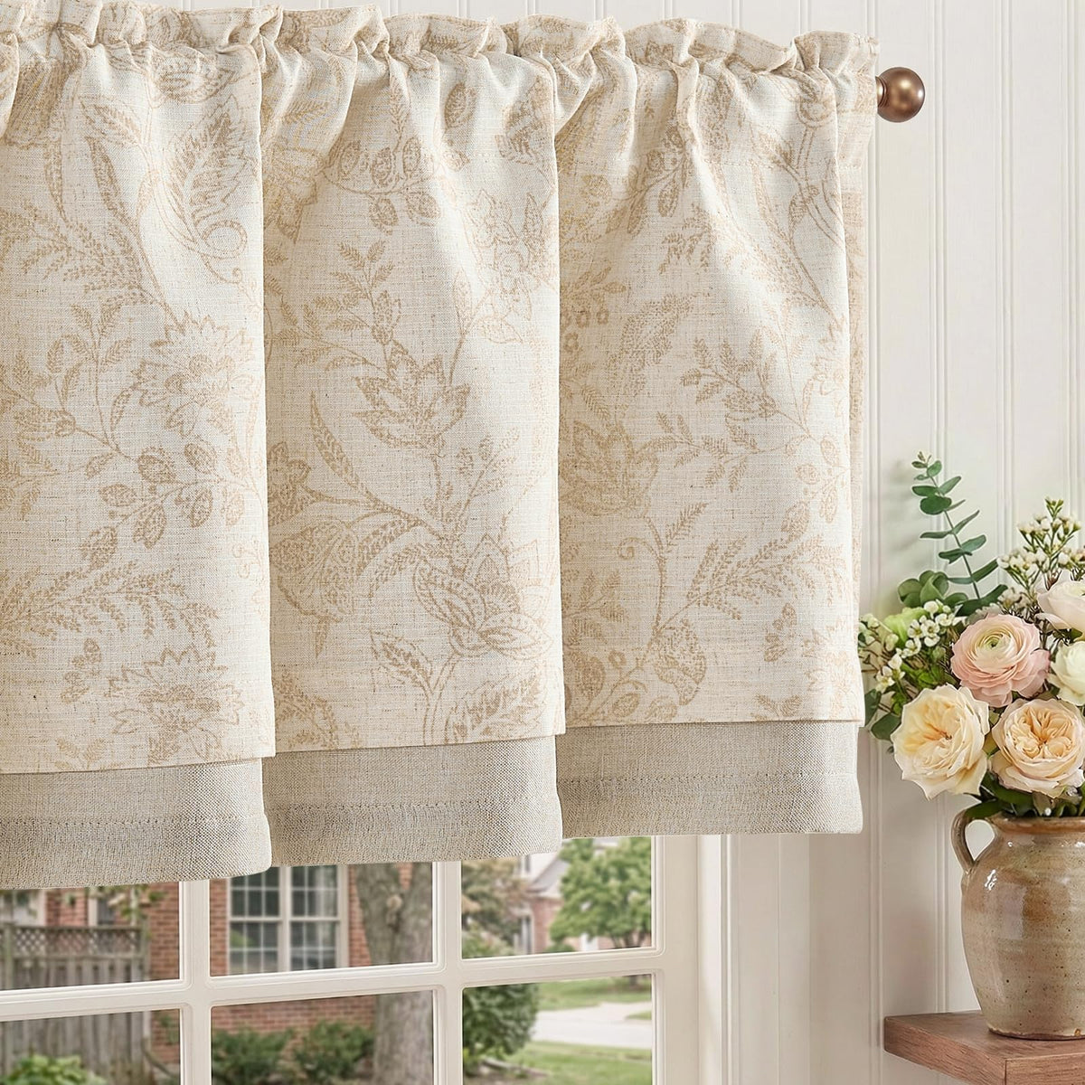 jinchan Floral Linen Kitchen Valance Curtain, 50x16, 1 Panel, Black