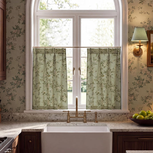 NICETOWN Sage Green Floral Linen Curtains Cafe Curtains, W26 x L36