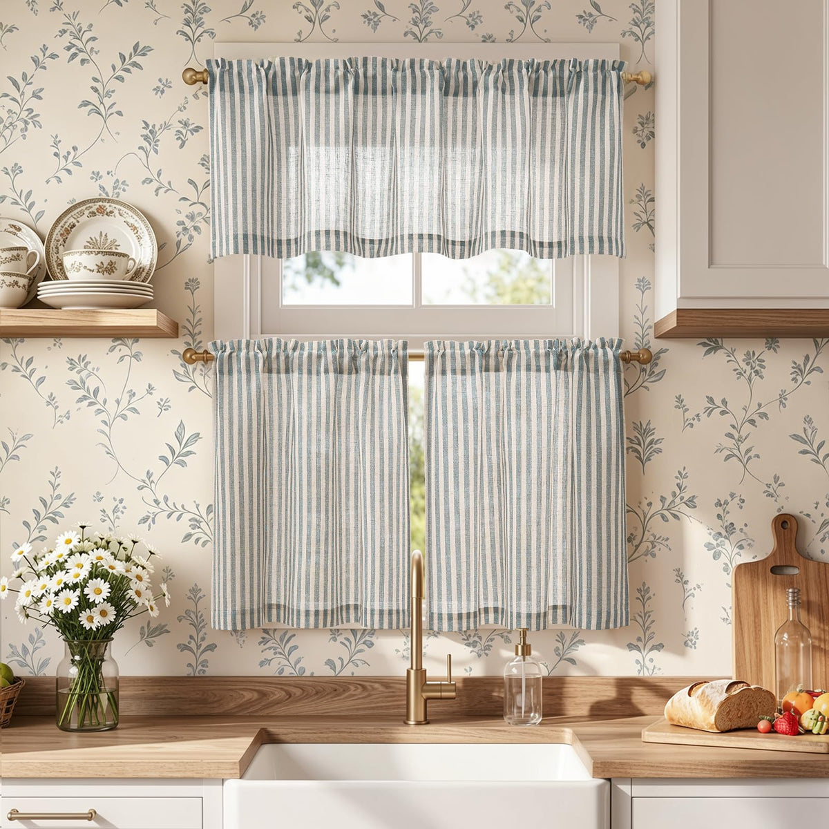 jinchan Sage Green Linen Kitchen Curtains and Valance Set Rod Pocket