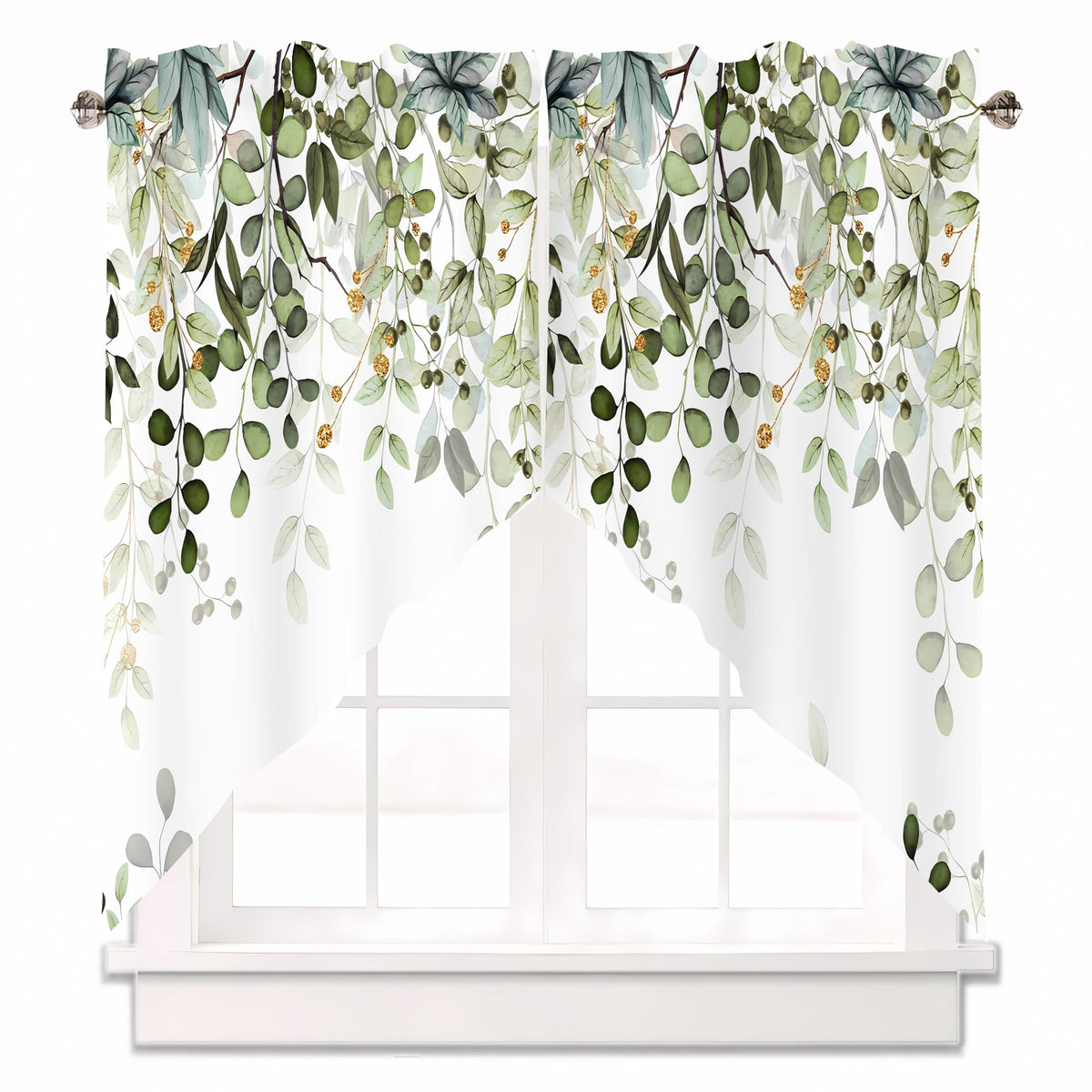 Sage Green Eucalyptus Leaves Swag Curtains 1 Pair, 28x36 in